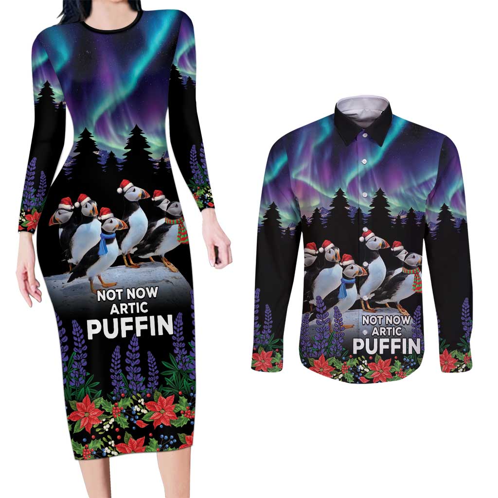 Personalized Not Now Arctic Puffin Couples Matching Long Sleeve Bodycon Dress and Long Sleeve Button Shirt Icelandic Christmas with Northern Lights LT9 - Wonder Print Shop