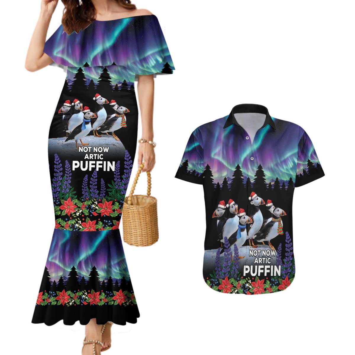 Personalized Not Now Arctic Puffin Couples Matching Mermaid Dress and Hawaiian Shirt Icelandic Christmas with Northern Lights LT9 - Wonder Print Shop