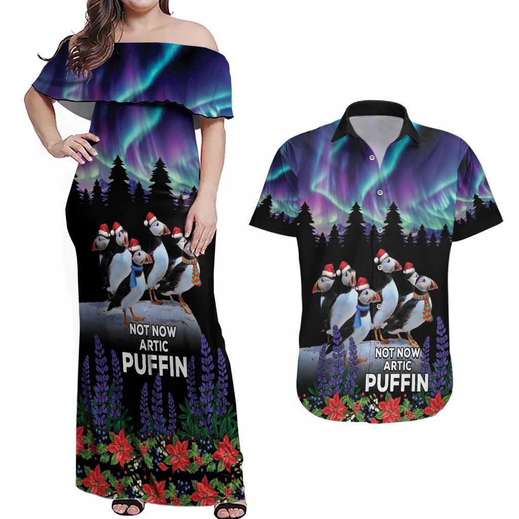 Personalized Not Now Arctic Puffin Couples Matching Off Shoulder Maxi Dress and Hawaiian Shirt Icelandic Christmas with Northern Lights LT9 - Wonder Print Shop