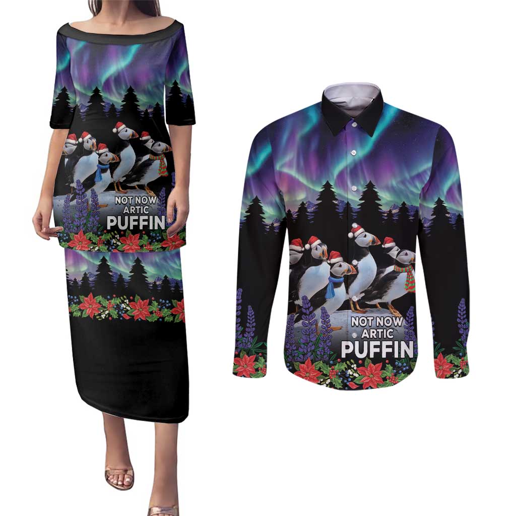 Personalized Not Now Arctic Puffin Couples Matching Puletasi and Long Sleeve Button Shirt Icelandic Christmas with Northern Lights LT9 - Wonder Print Shop