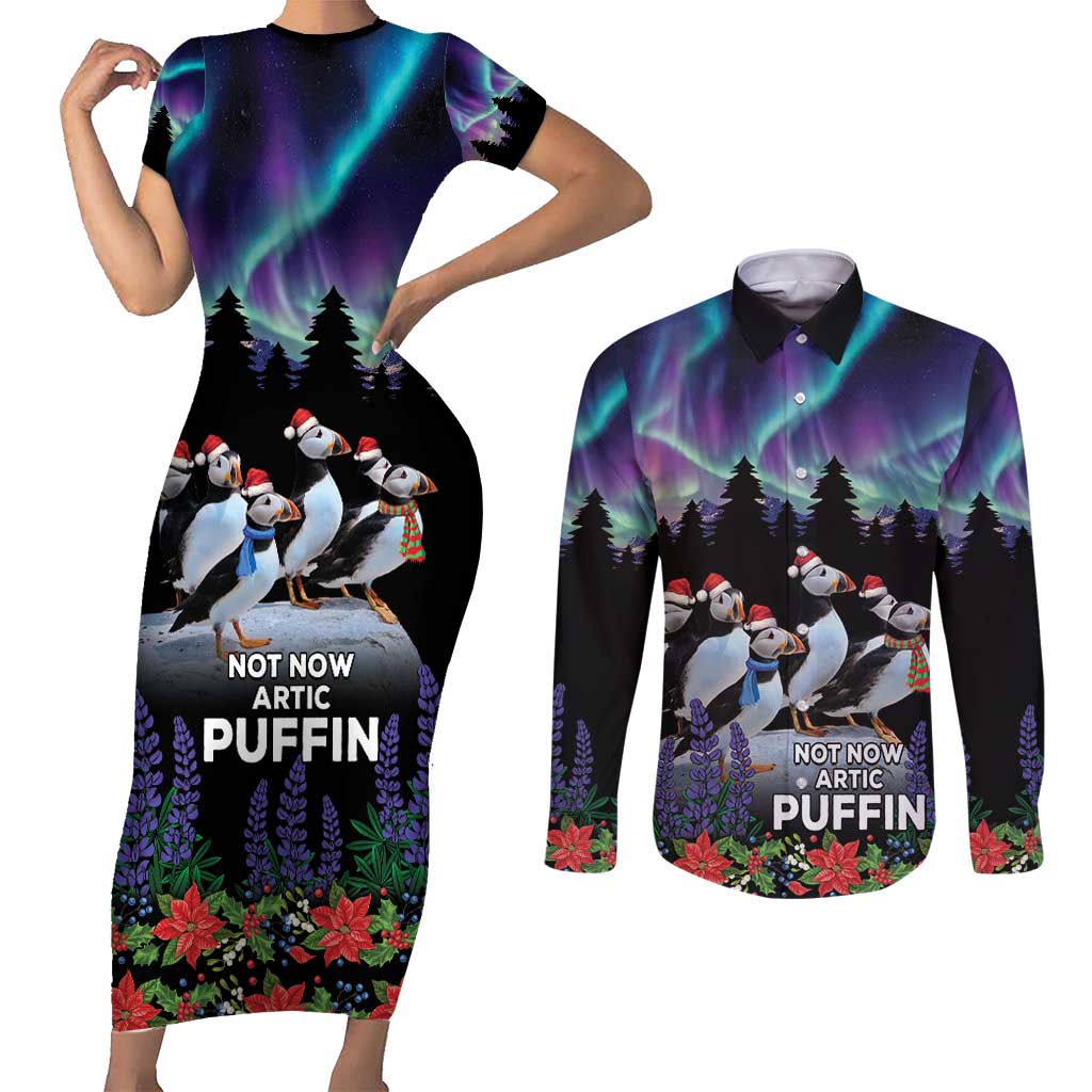 Personalized Not Now Arctic Puffin Couples Matching Short Sleeve Bodycon Dress and Long Sleeve Button Shirt Icelandic Christmas with Northern Lights LT9 - Wonder Print Shop