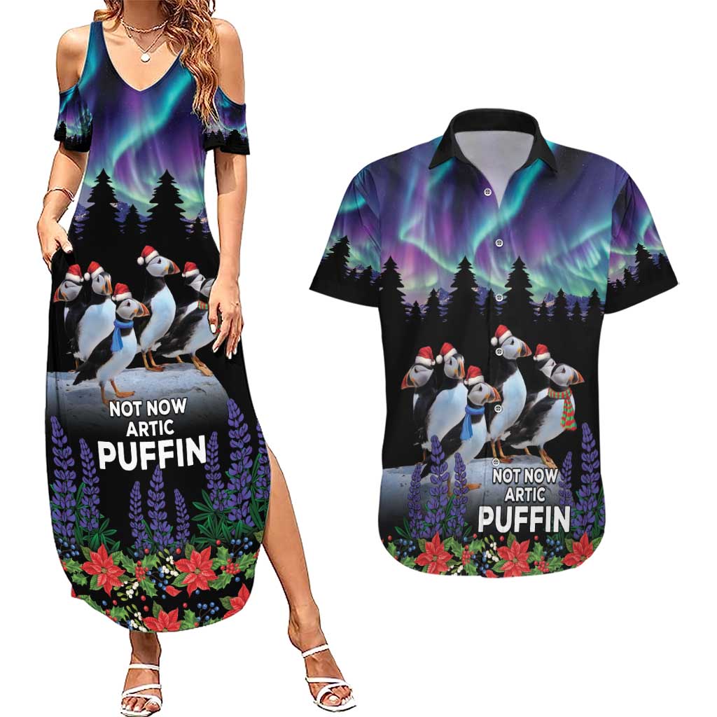 Personalized Not Now Arctic Puffin Couples Matching Summer Maxi Dress and Hawaiian Shirt Icelandic Christmas with Northern Lights LT9 - Wonder Print Shop