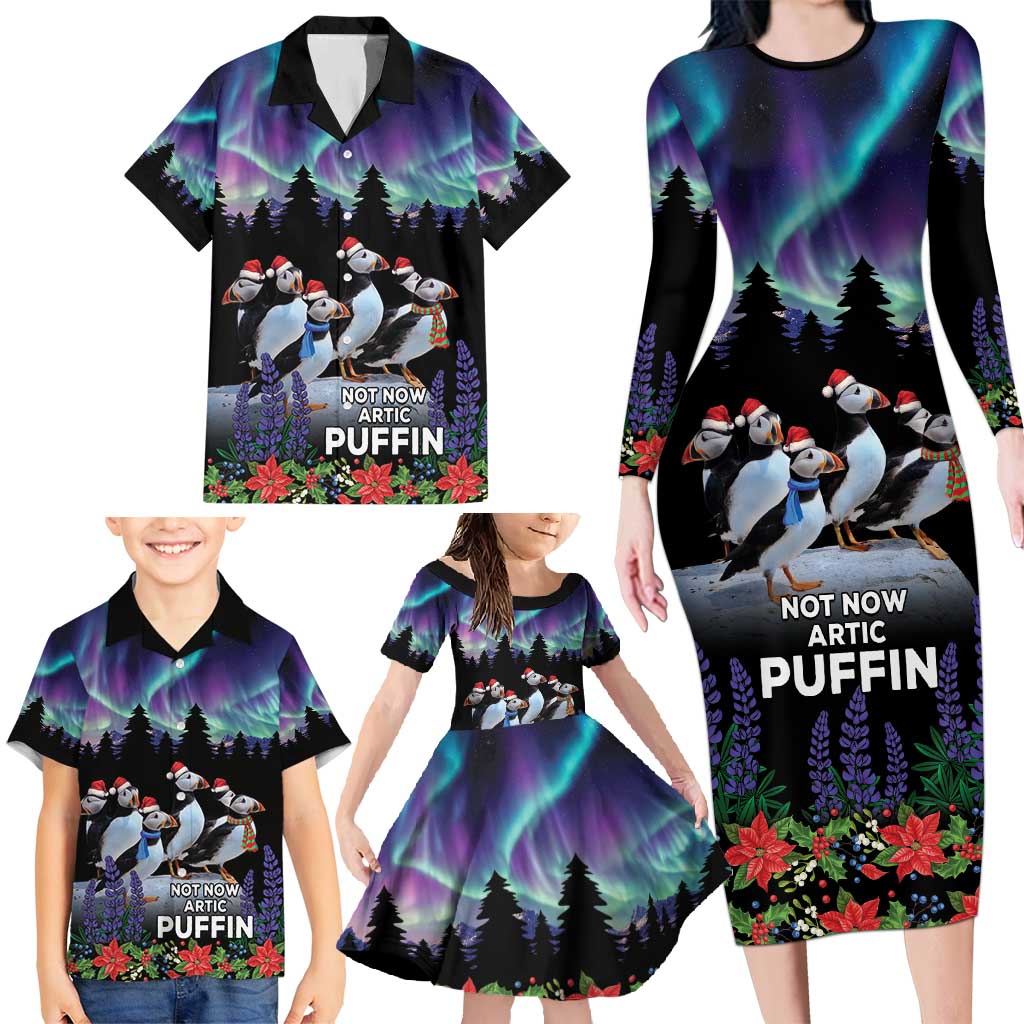 Personalized Not Now Arctic Puffin Family Matching Long Sleeve Bodycon Dress and Hawaiian Shirt Icelandic Christmas with Northern Lights LT9 - Wonder Print Shop