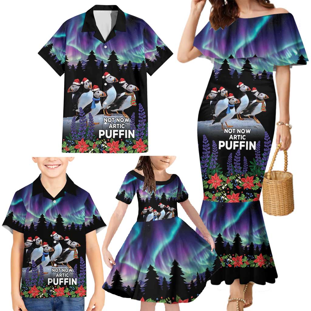 Personalized Not Now Arctic Puffin Family Matching Mermaid Dress and Hawaiian Shirt Icelandic Christmas with Northern Lights LT9 - Wonder Print Shop