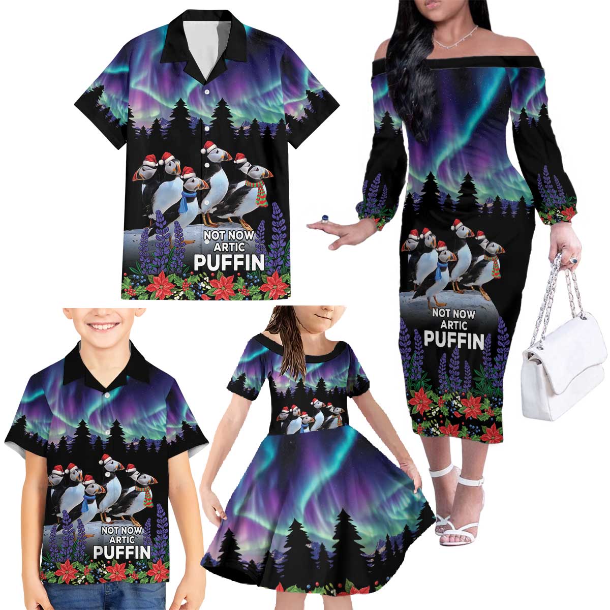 Personalized Not Now Arctic Puffin Family Matching Off The Shoulder Long Sleeve Dress and Hawaiian Shirt Icelandic Christmas with Northern Lights - Wonder Print Shop