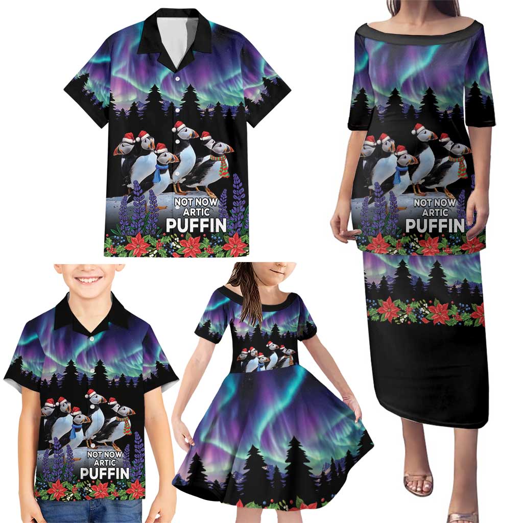 Personalized Not Now Arctic Puffin Family Matching Puletasi and Hawaiian Shirt Icelandic Christmas with Northern Lights - Wonder Print Shop