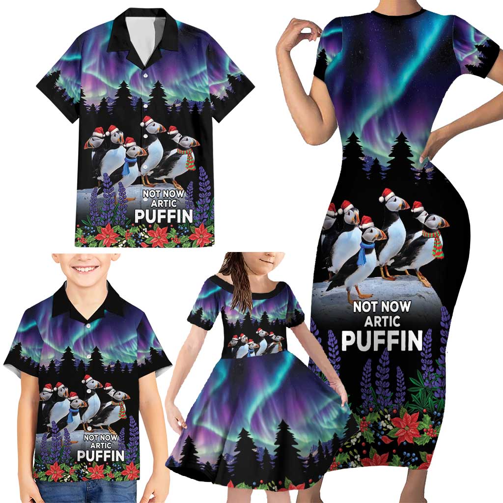 Personalized Not Now Arctic Puffin Family Matching Short Sleeve Bodycon Dress and Hawaiian Shirt Icelandic Christmas with Northern Lights - Wonder Print Shop