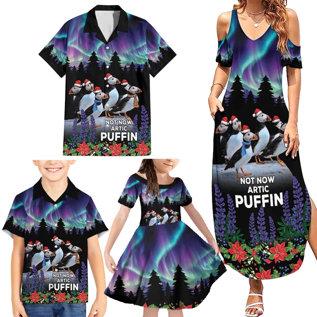 Personalized Not Now Arctic Puffin Family Matching Summer Maxi Dress and Hawaiian Shirt Icelandic Christmas with Northern Lights - Wonder Print Shop