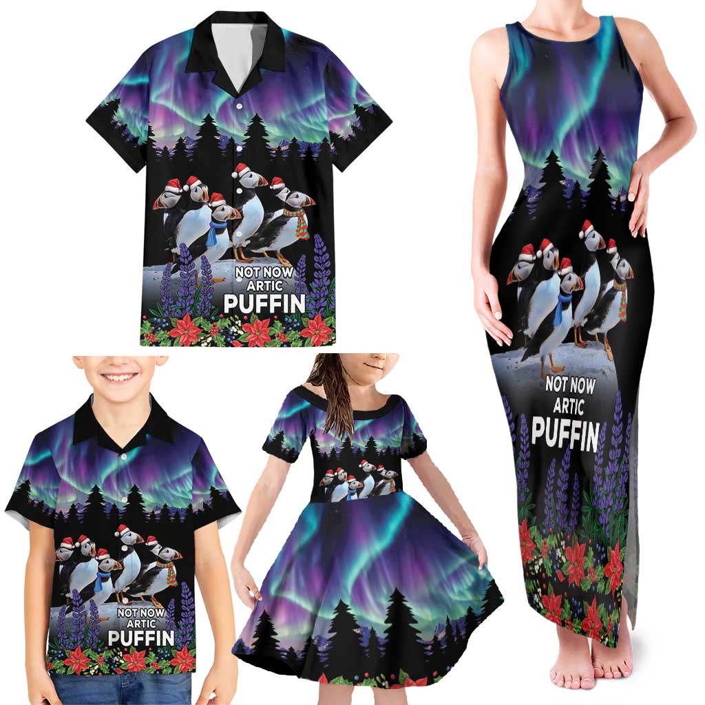 Personalized Not Now Arctic Puffin Family Matching Tank Maxi Dress and Hawaiian Shirt Icelandic Christmas with Northern Lights - Wonder Print Shop