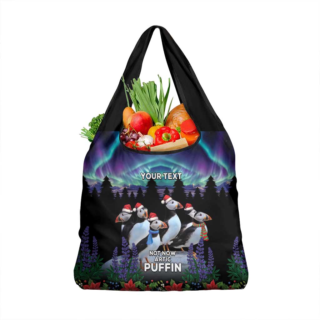 Personalized Not Now Arctic Puffin Grocery Bag Icelandic Christmas with Northern Lights