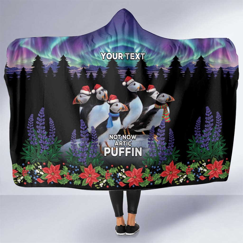 Personalized hooded blanket, black with Arctic puffin graphic, aurora, and “YOUR TEXT”