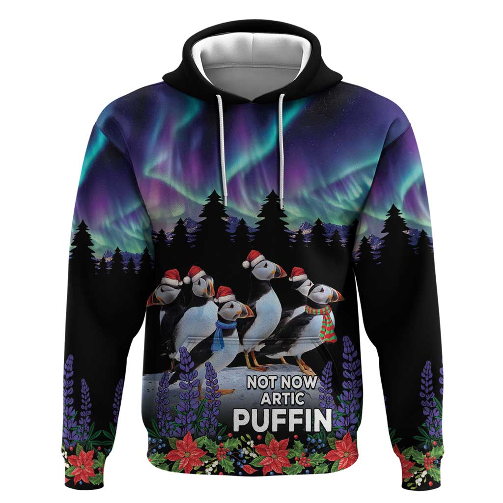 Personalized Not Now Arctic Puffin Hoodie Icelandic Christmas with Northern Lights - Wonder Print Shop