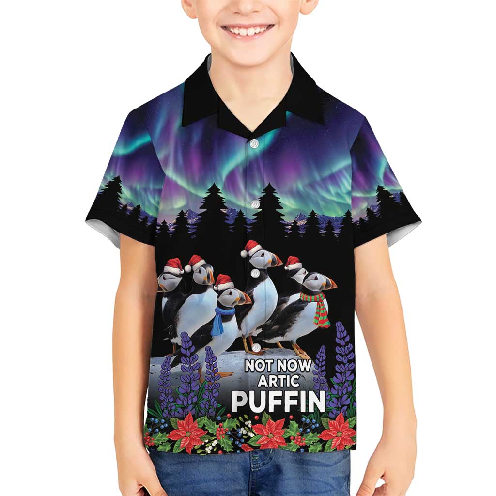 Personalized Not Now Arctic Puffin Kid Hawaiian Shirt Icelandic Christmas with Northern Lights - Wonder Print Shop