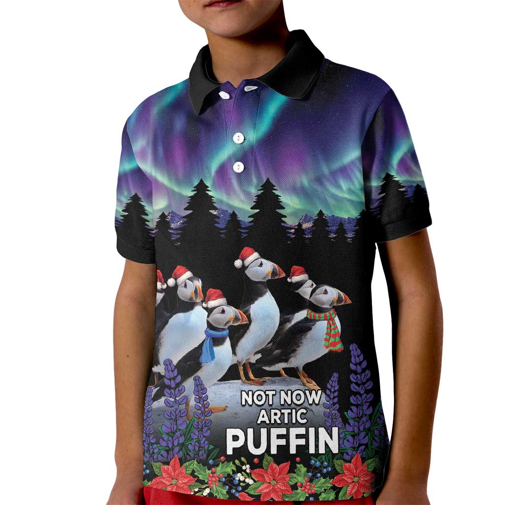 Personalized Not Now Arctic Puffin Kid Polo Shirt Icelandic Christmas with Northern Lights - Wonder Print Shop