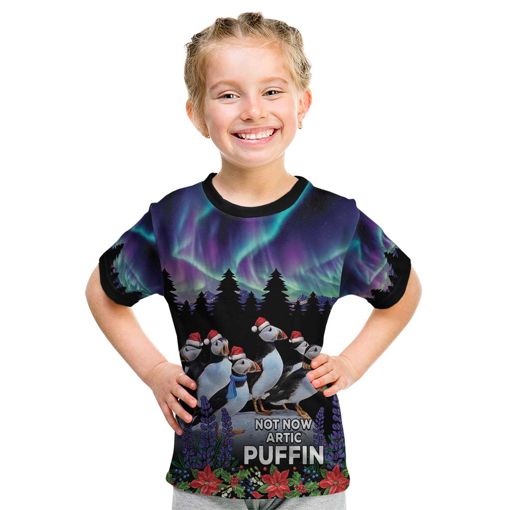 Personalized Not Now Arctic Puffin Kid T Shirt Icelandic Christmas with Northern Lights - Wonder Print Shop