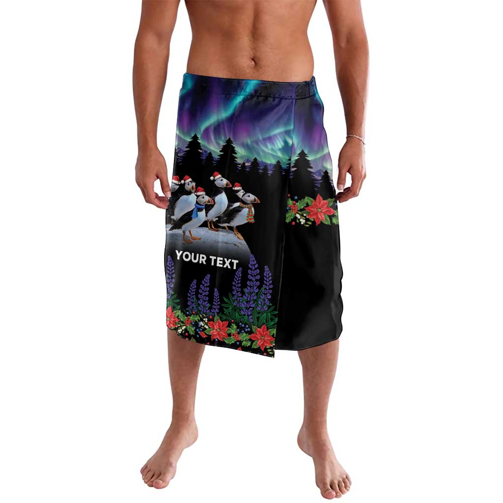 Black graphic shorts with aurora, penguins, pine trees, and red flowers; custom text panel.