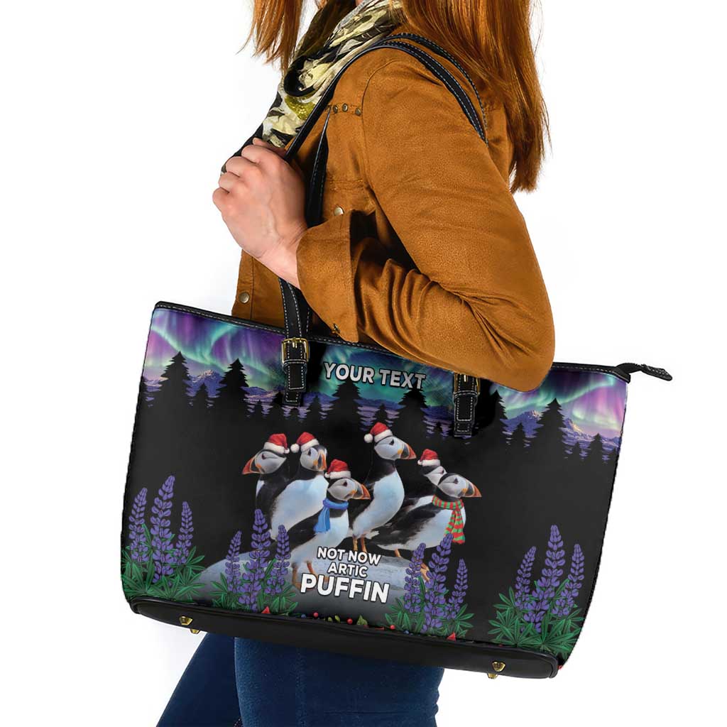 Personalized Not Now Arctic Puffin Leather Tote Bag Icelandic Christmas with Northern Lights - Wonder Print Shop