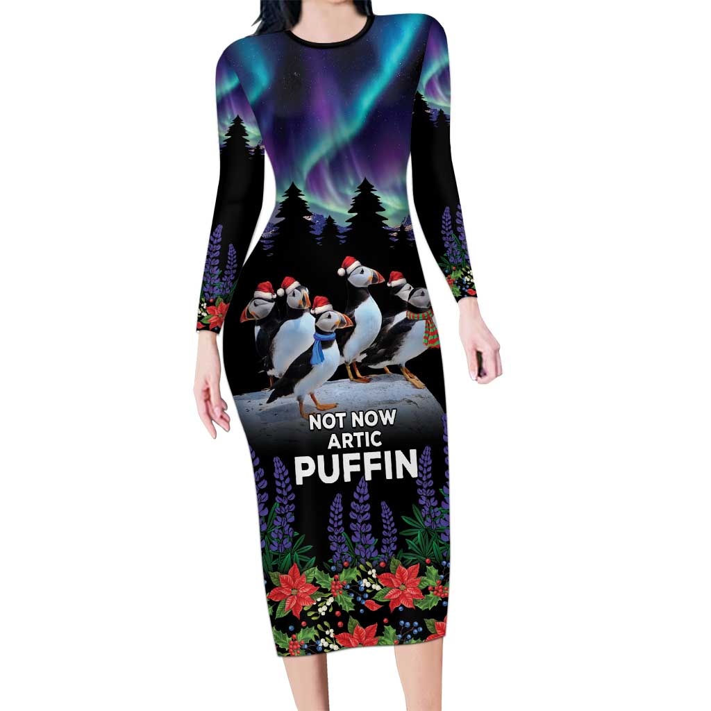 Personalized Not Now Arctic Puffin Long Sleeve Bodycon Dress Icelandic Christmas with Northern Lights - Wonder Print Shop