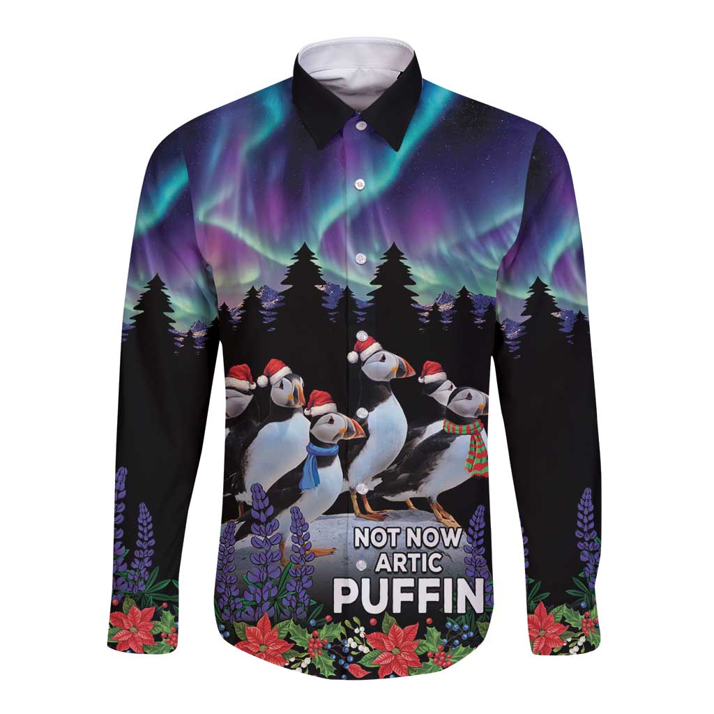 Black long-sleeve button shirt with puffin graphic and “NOT NOW ARTIC PUFFIN” text