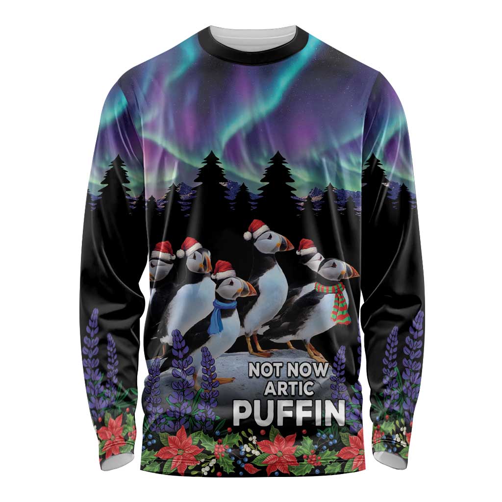 Black long-sleeve shirt with puffin scene and text 'NOT NOW ARTIC PUFFIN'