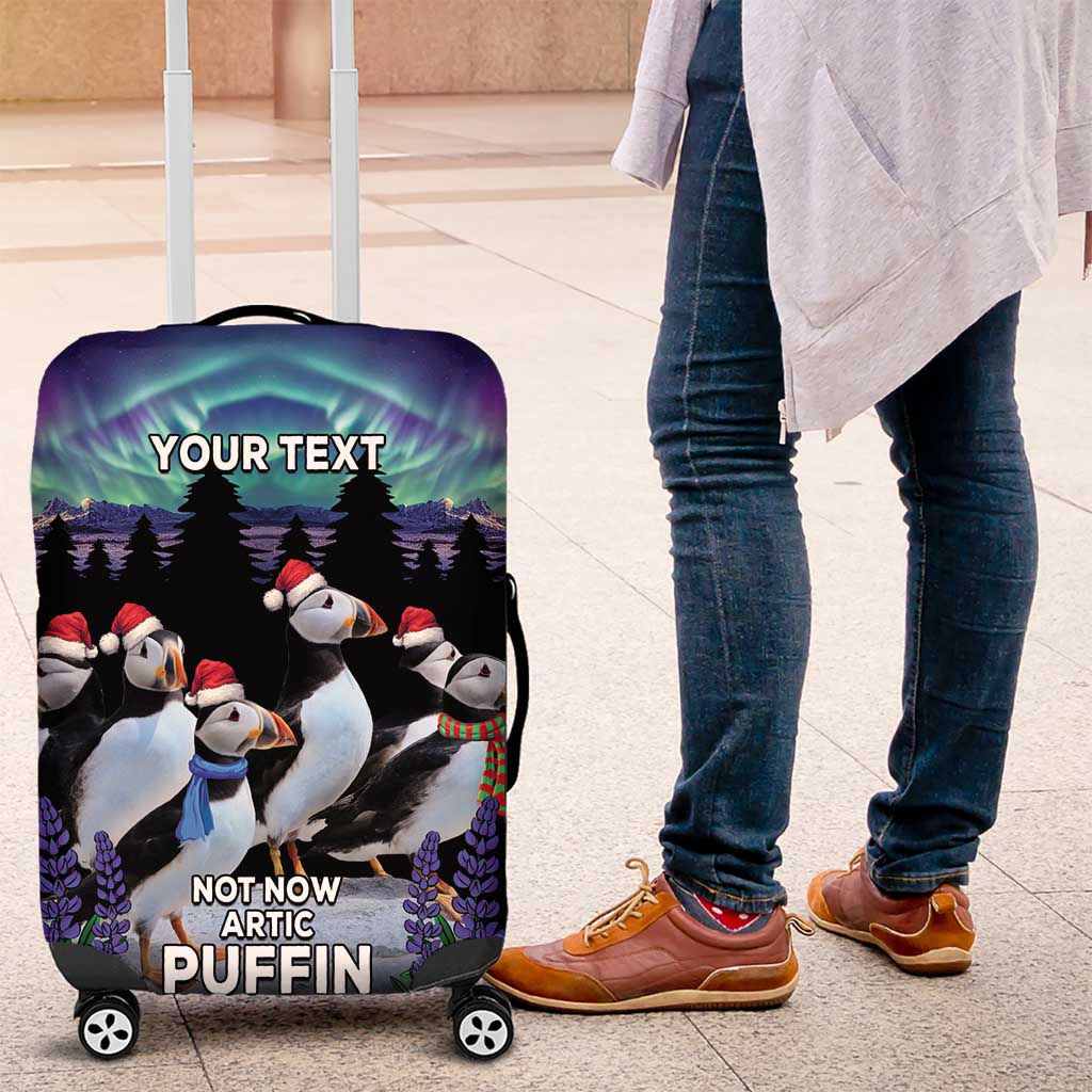 Personalized Not Now Arctic Puffin Luggage Cover Icelandic Christmas with Northern Lights - Wonder Print Shop