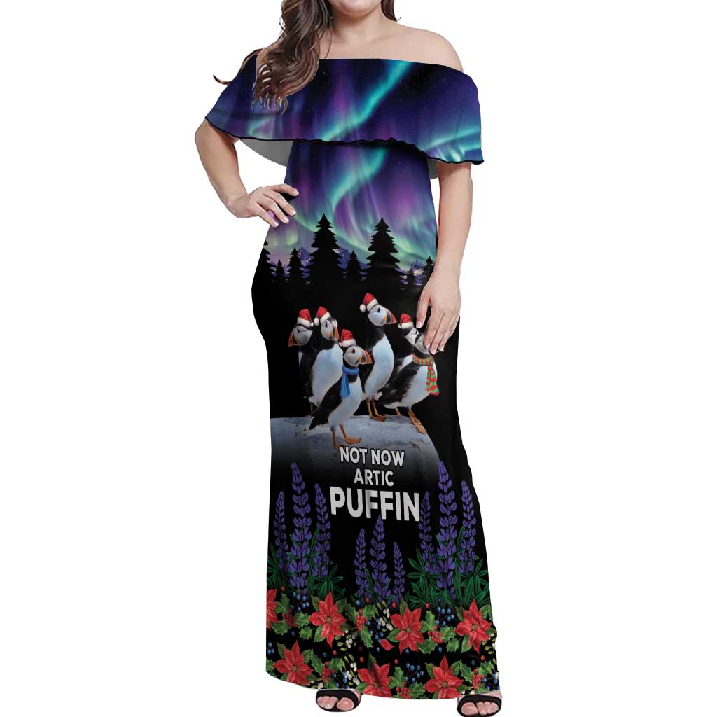 Personalized Not Now Arctic Puffin Off Shoulder Maxi Dress Icelandic Christmas with Northern Lights - Wonder Print Shop