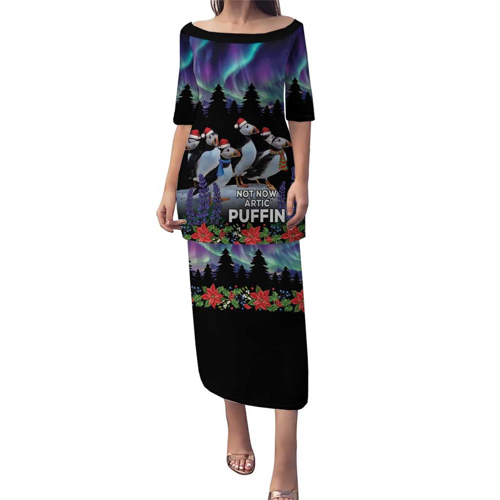 Black long off-shoulder dress with puffin scene and northern lights print