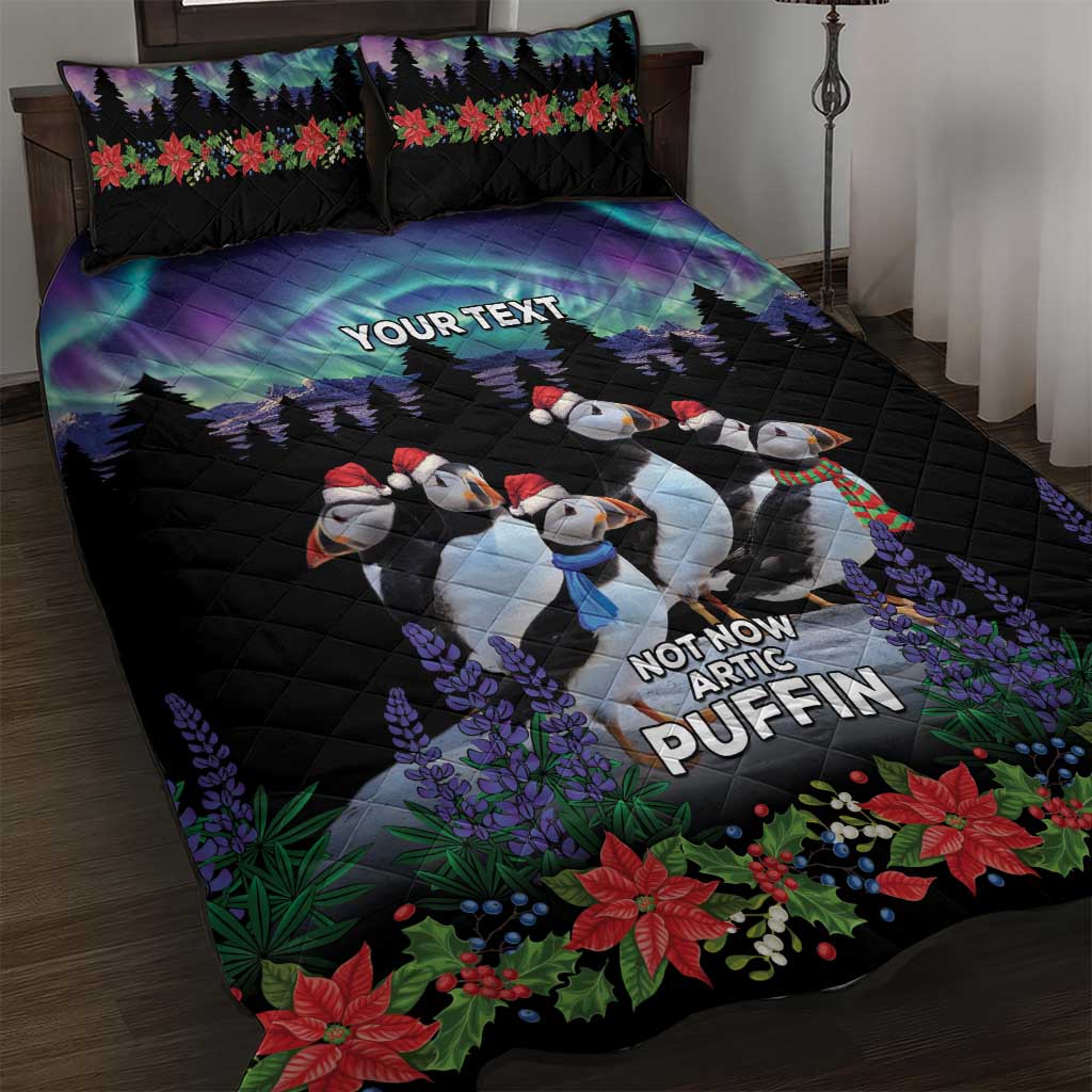 Black quilt bed set with arctic puffin, northern lights, forest and red poinsettias