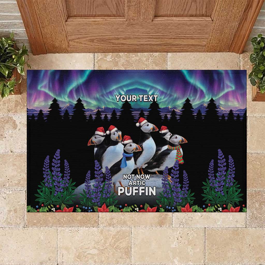 Personalized Not Now Arctic Puffin Rubber Doormat Icelandic Christmas with Northern Lights