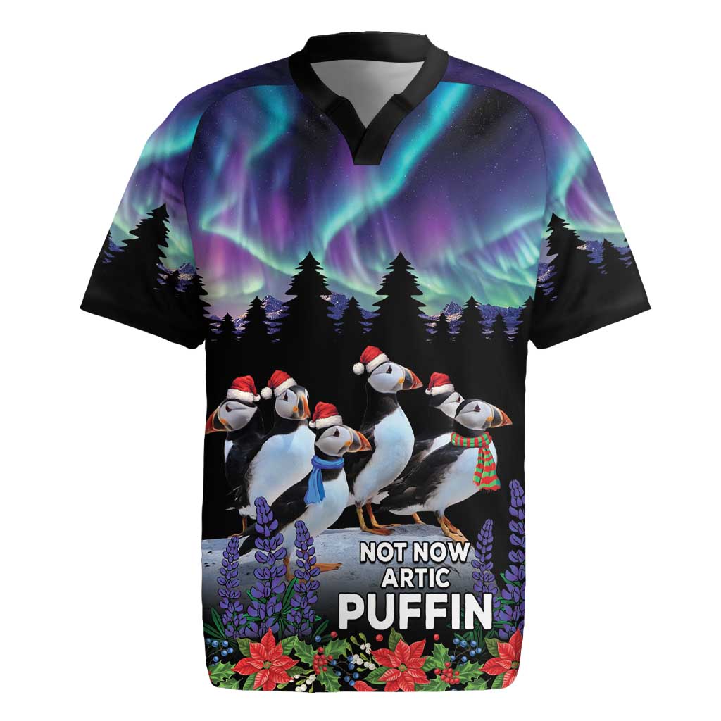 Personalized black rugby jersey with Arctic puffin graphic and 'NOT NOW' text