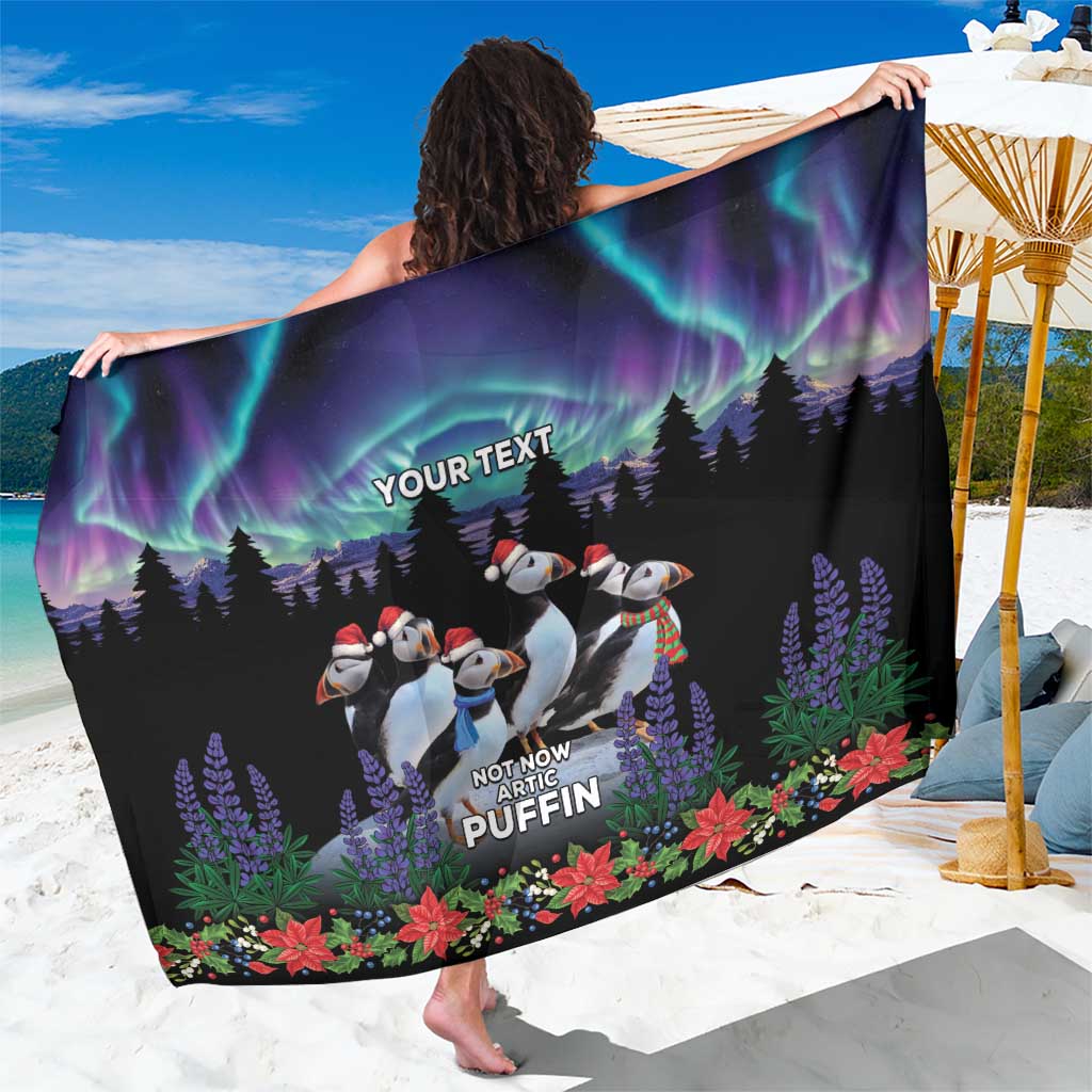 Black personalized sarong with arctic puffin and northern lights graphic, multicolor border