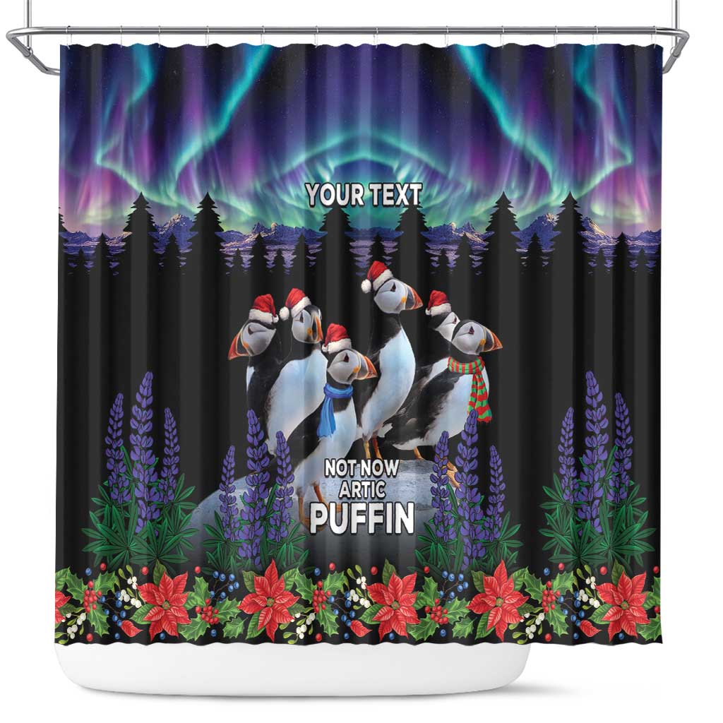 Black shower curtain with northern lights, arctic puffins, trees, poinsettias, and grommets