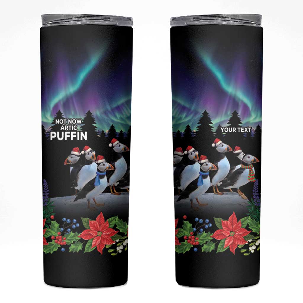 Personalized Not Now Arctic Puffin Skinny Tumbler Icelandic Christmas with Northern Lights