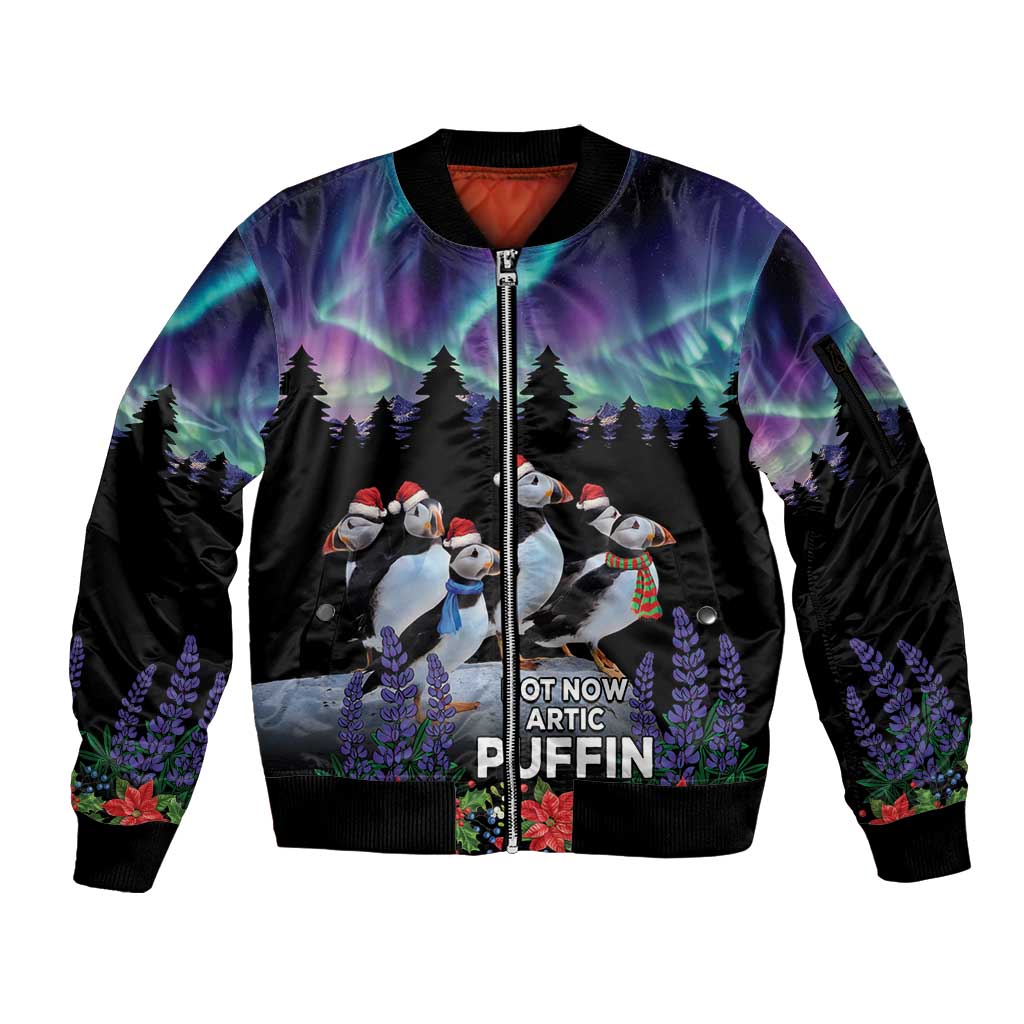 Black zip-up bomber jacket with puffin graphic and zip front, northern lights print
