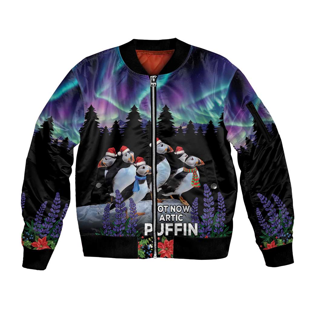 Personalized Not Now Arctic Puffin Sleeve Zip Bomber Jacket Icelandic Christmas with Northern Lights