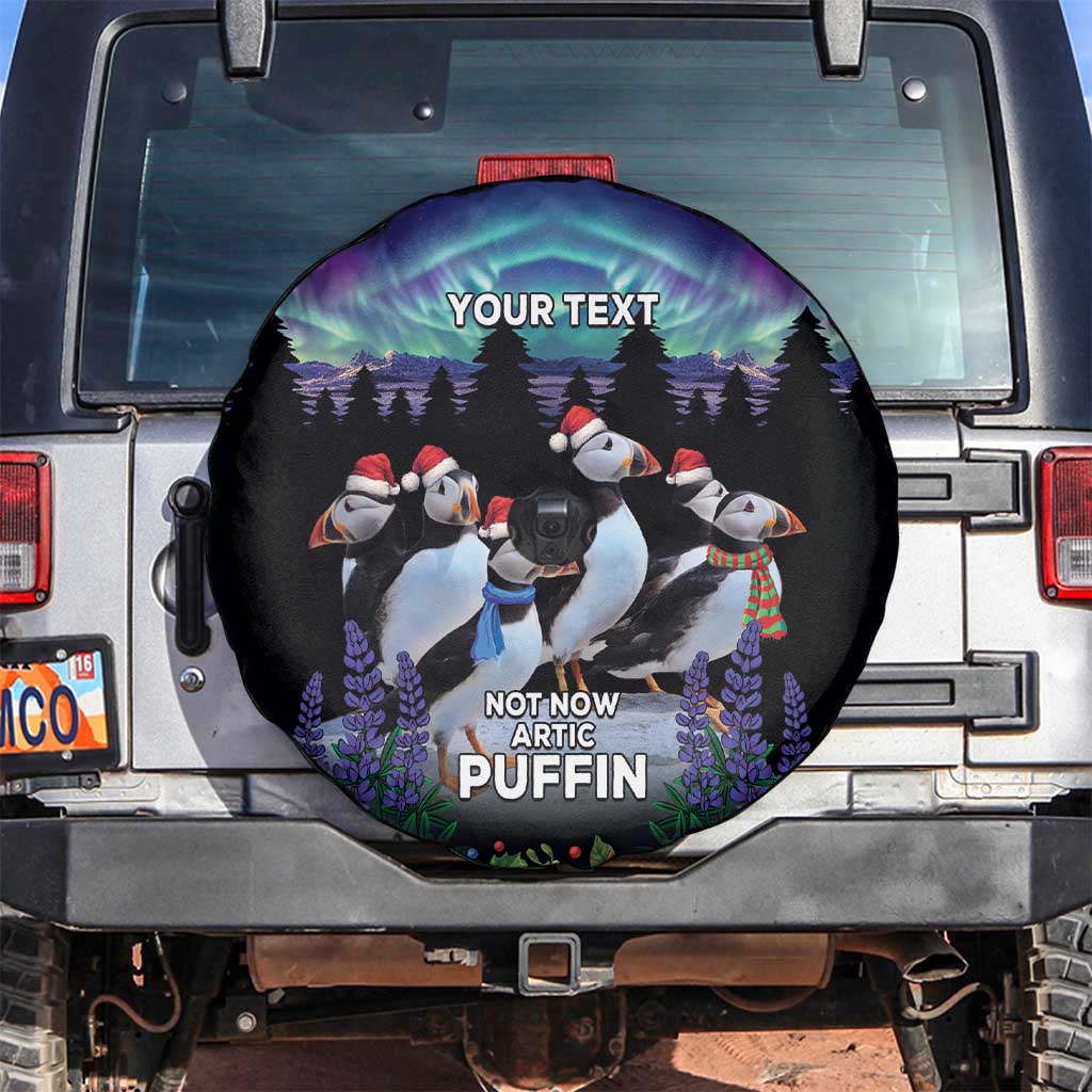 Personalized Not Now Arctic Puffin Spare Tire Cover Icelandic Christmas with Northern Lights