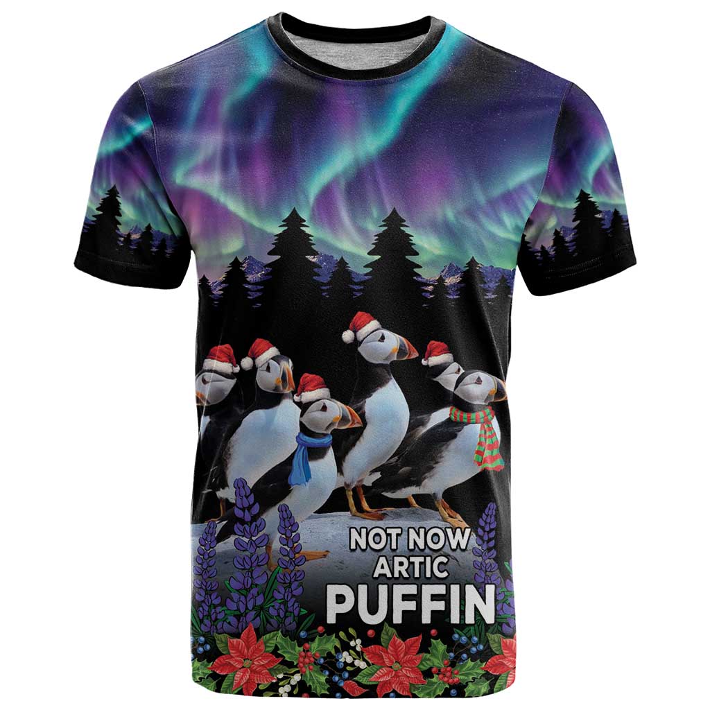 Personalized Not Now Arctic Puffin T Shirt Icelandic Christmas with Northern Lights