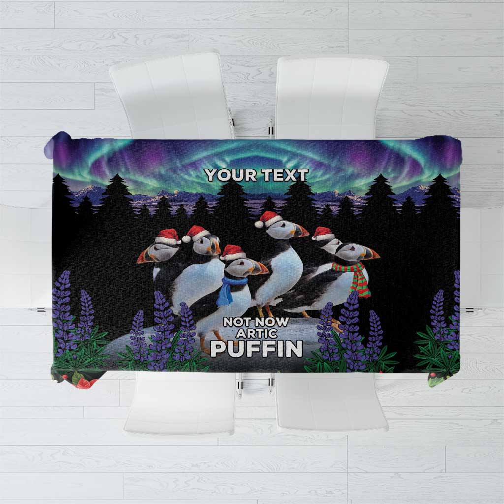 Black personalized tablecloth with Arctic puffins, northern lights, and custom text