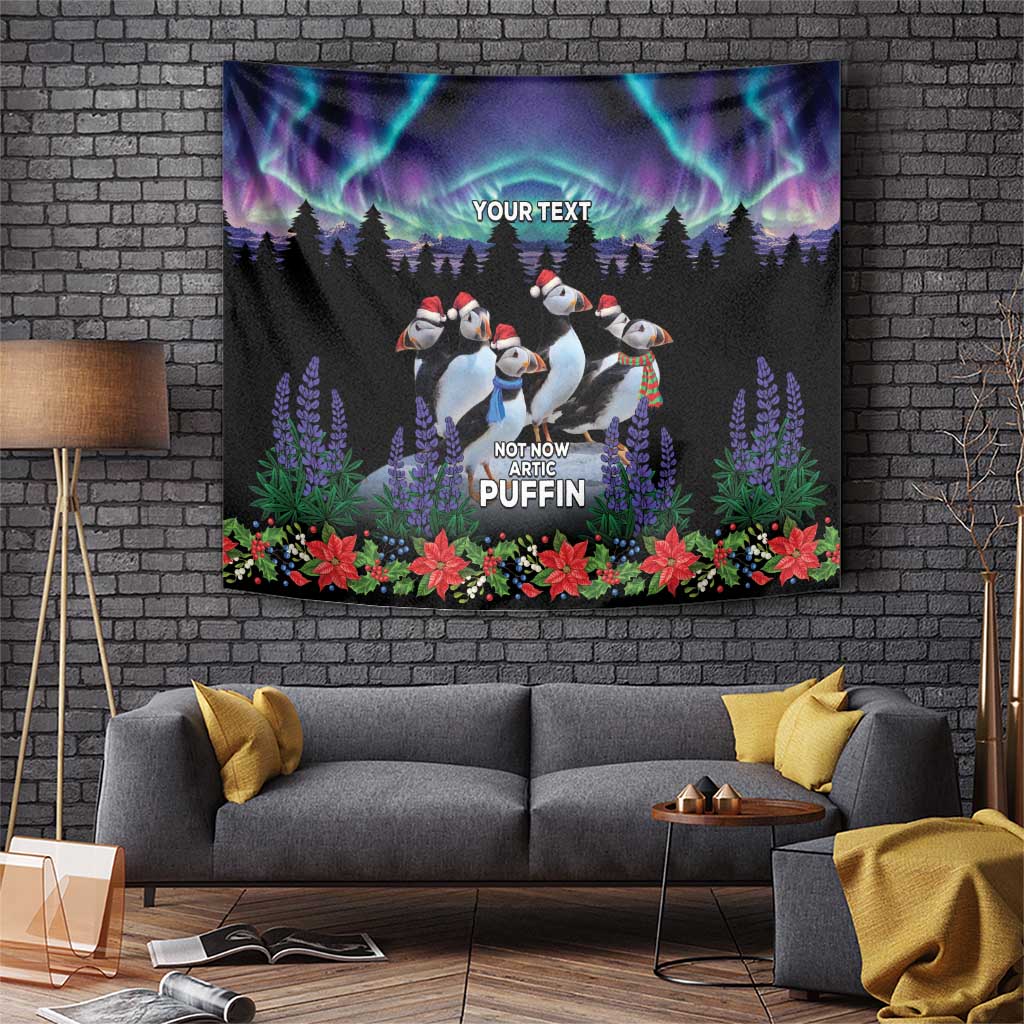 Personalized black Christmas tapestry with aurora sky, penguins, flowers, and “YOUR TEXT”.