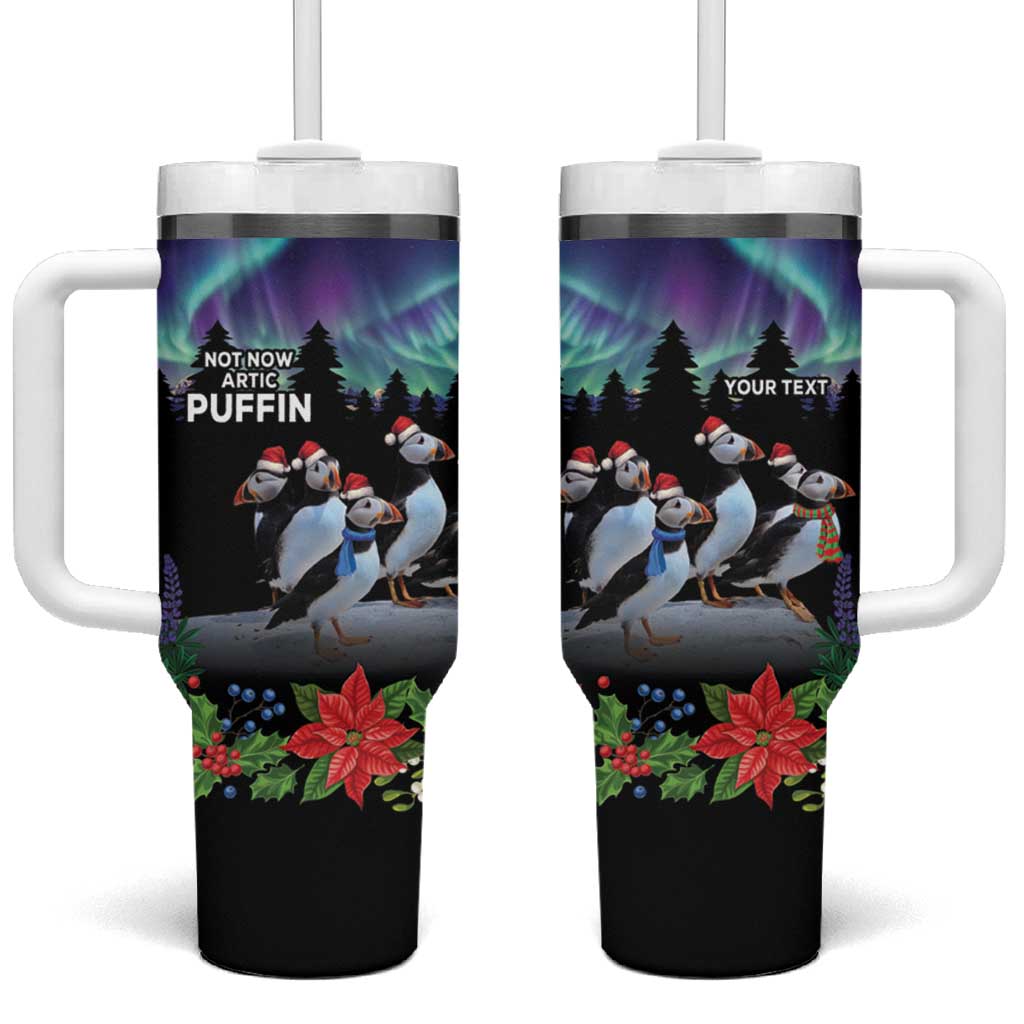 Black insulated tumbler with handle and straw, penguin holiday print and northern lights