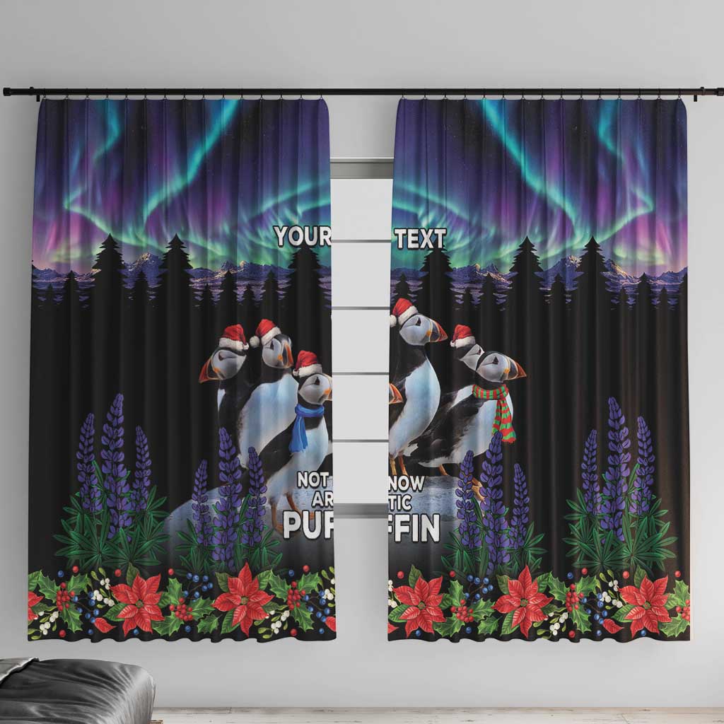Black Christmas window curtain with puffin design, northern lights, pine trees and flowers