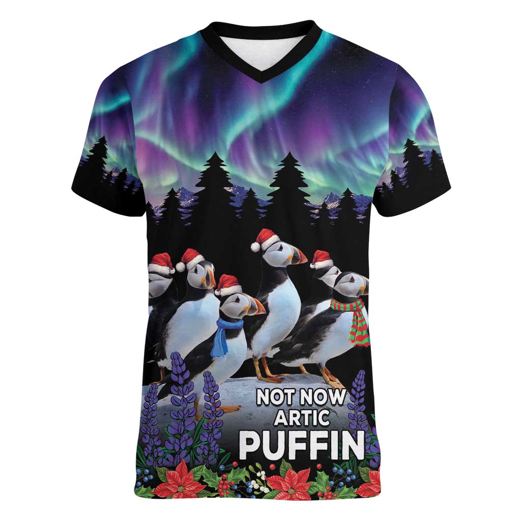 Personalized Not Now Arctic Puffin Women V-Neck T-Shirt Icelandic Christmas with Northern Lights