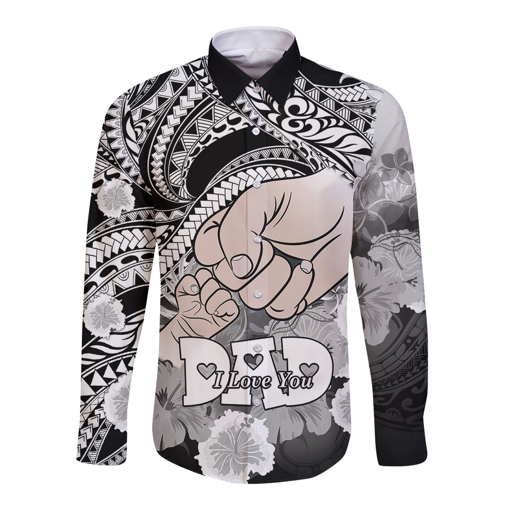 Unisex black long-sleeve button shirt with tribal pattern and dad graphic, front view