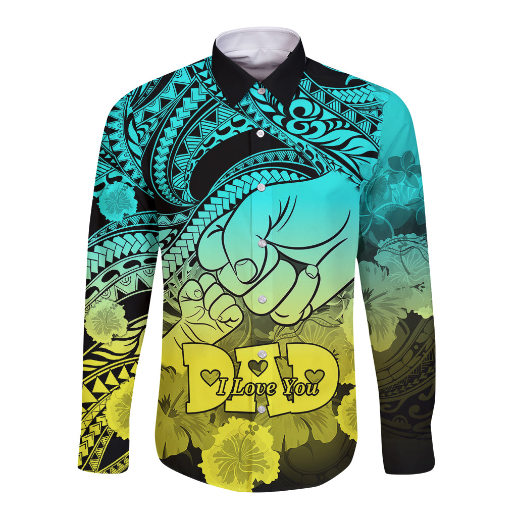 Long-sleeve button shirt, teal-to-yellow gradient, tribal print, 'I Love You' graphic
