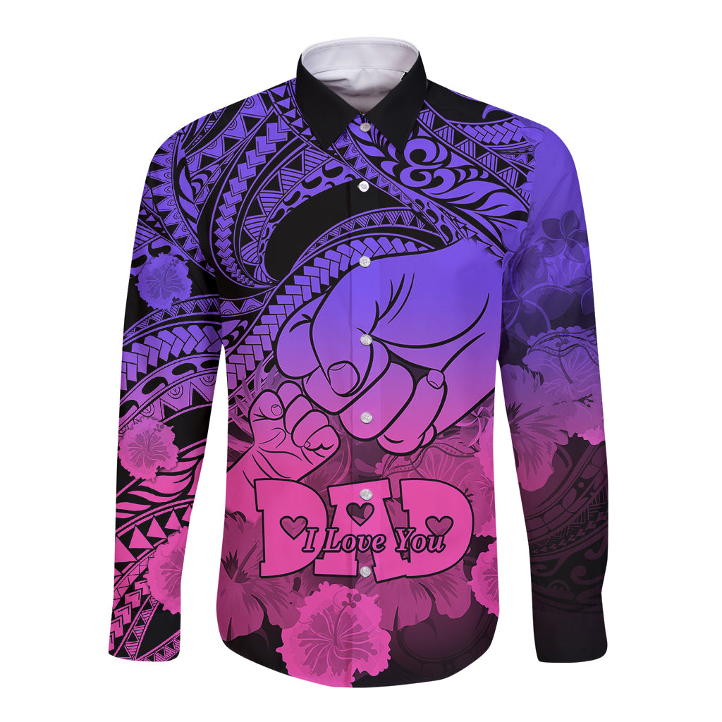 Long-sleeve button shirt, purple gradient tribal graphic with 'I Love You' heart