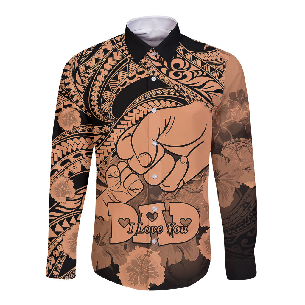 Long-sleeve button shirt with tan-and-black tribal print, heart text and hibiscus graphic