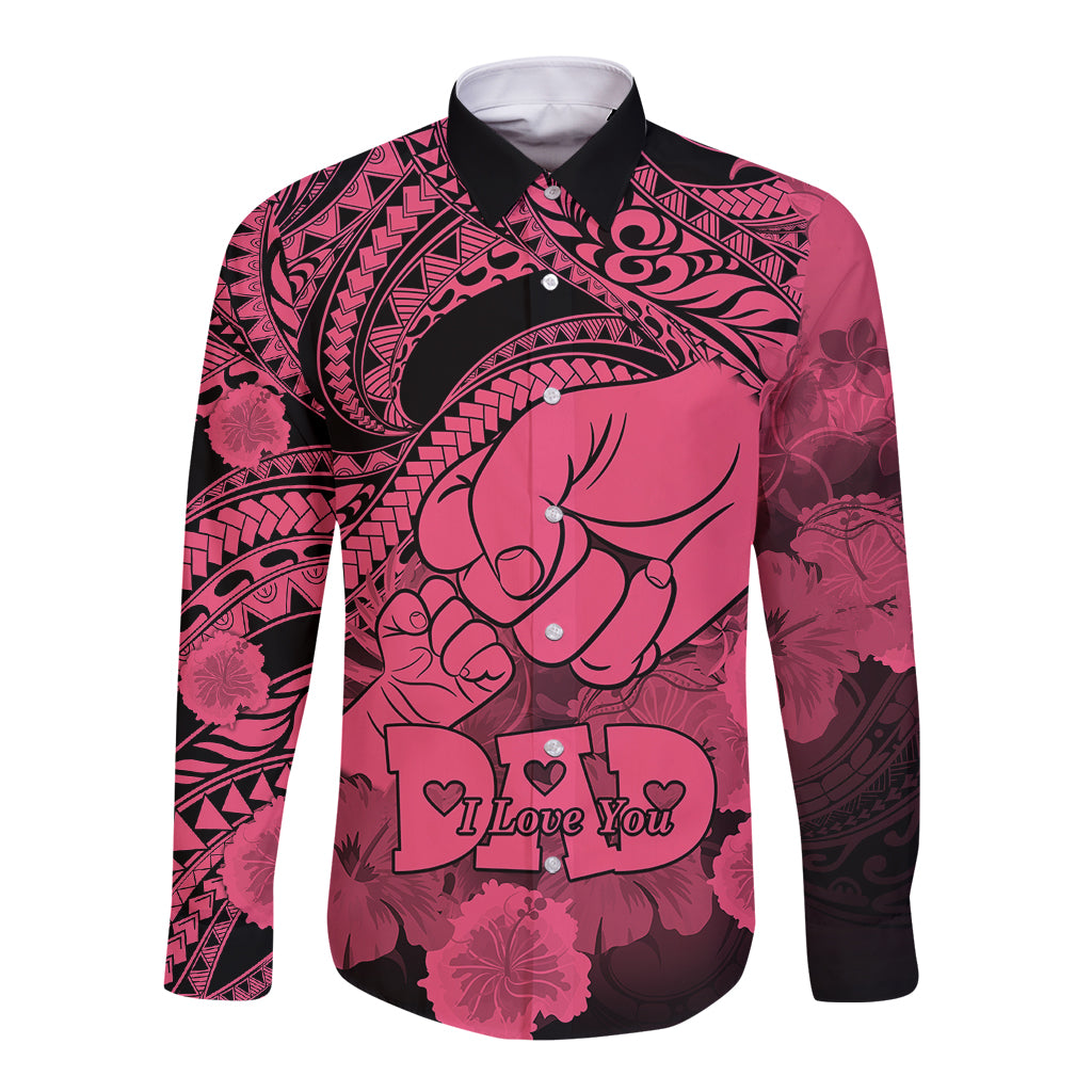 Pink long-sleeve button shirt with black Polynesian tribal pattern and heart graphic
