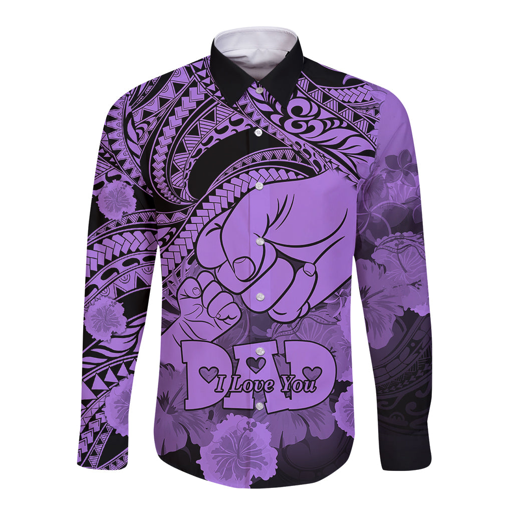 Purple long-sleeve button shirt with black tribal print and 'I Love You' graphic
