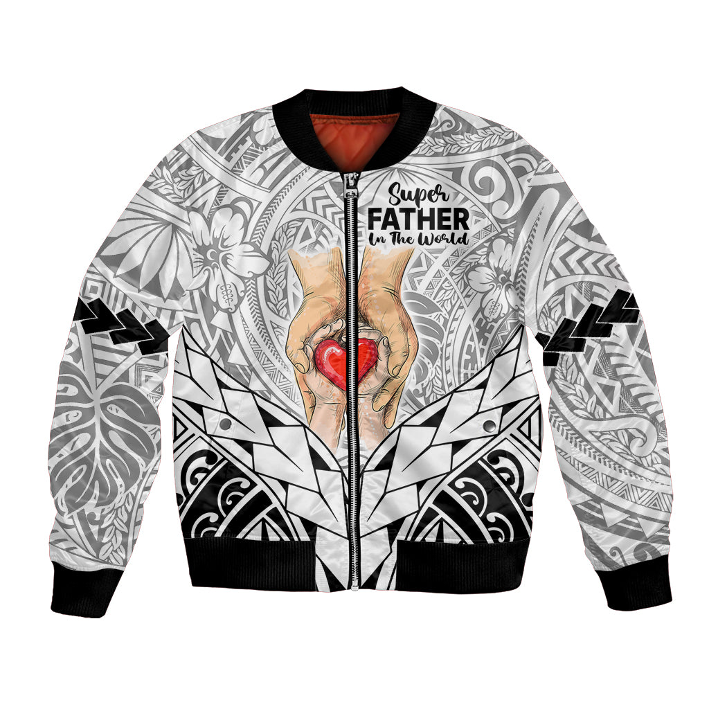 Black-and-white Polynesian pattern bomber jacket with zipper, ribbed cuffs, heart graphic