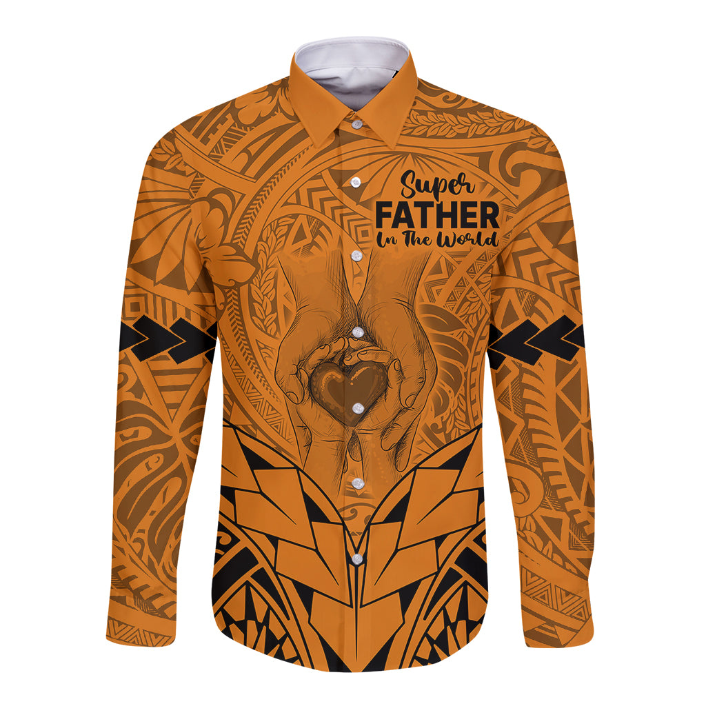 Gold-toned long-sleeve button shirt with Polynesian pattern and chest text